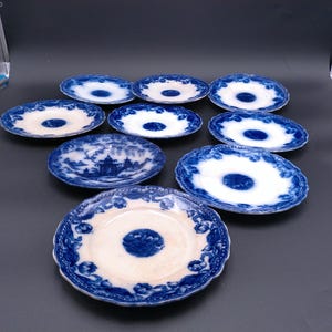 Pottery England Semi-Porcelain 9 dish plate set Whampoa Flow Blue Dish Antique