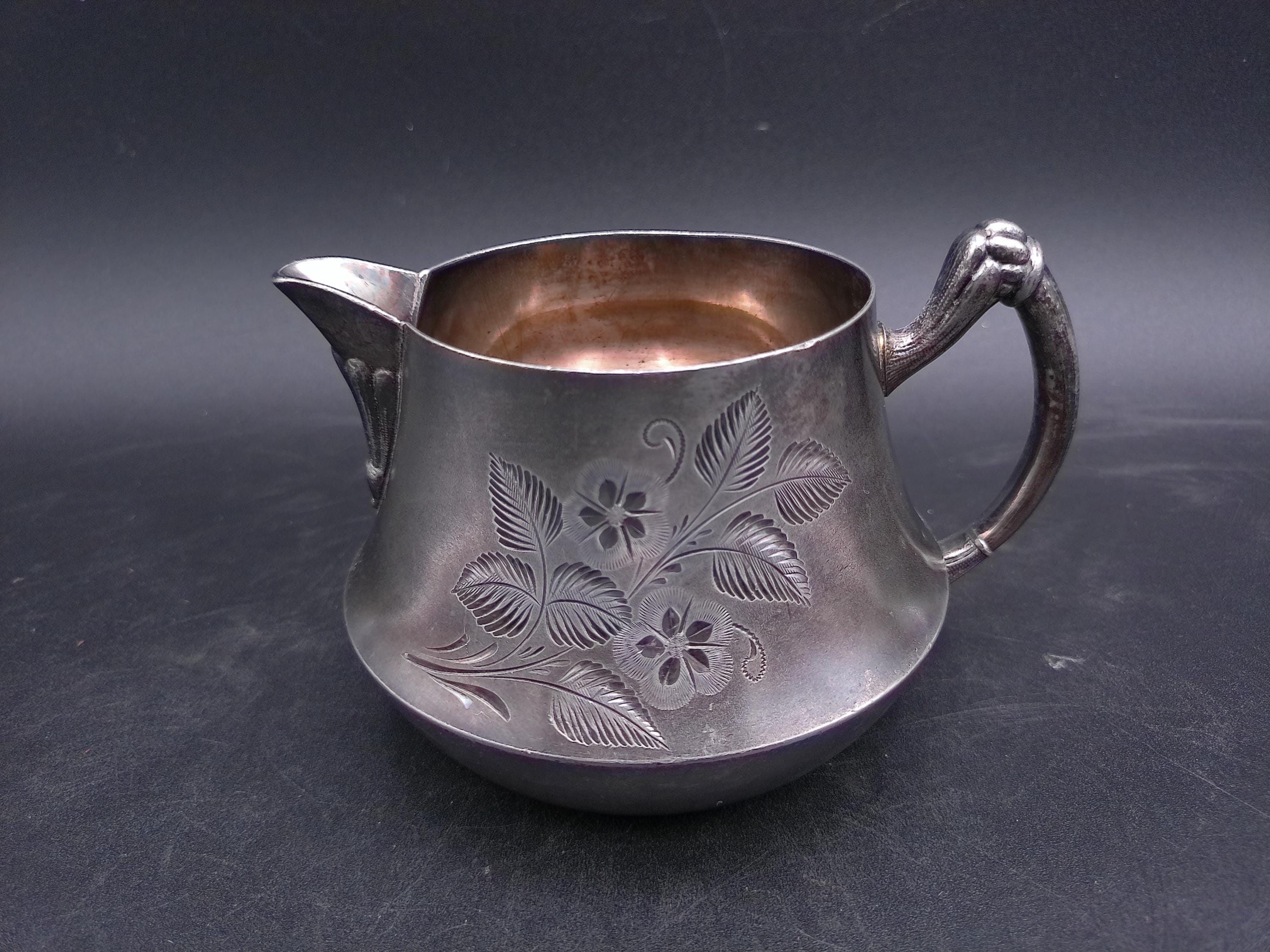 Victorian Silver Plate Creamer Pitcher Floral Etched Triple Plate