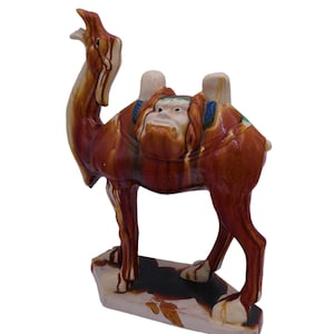 Camel Two Gargoyle Faces on Saddle with Fangs Marked Pottery Vintage