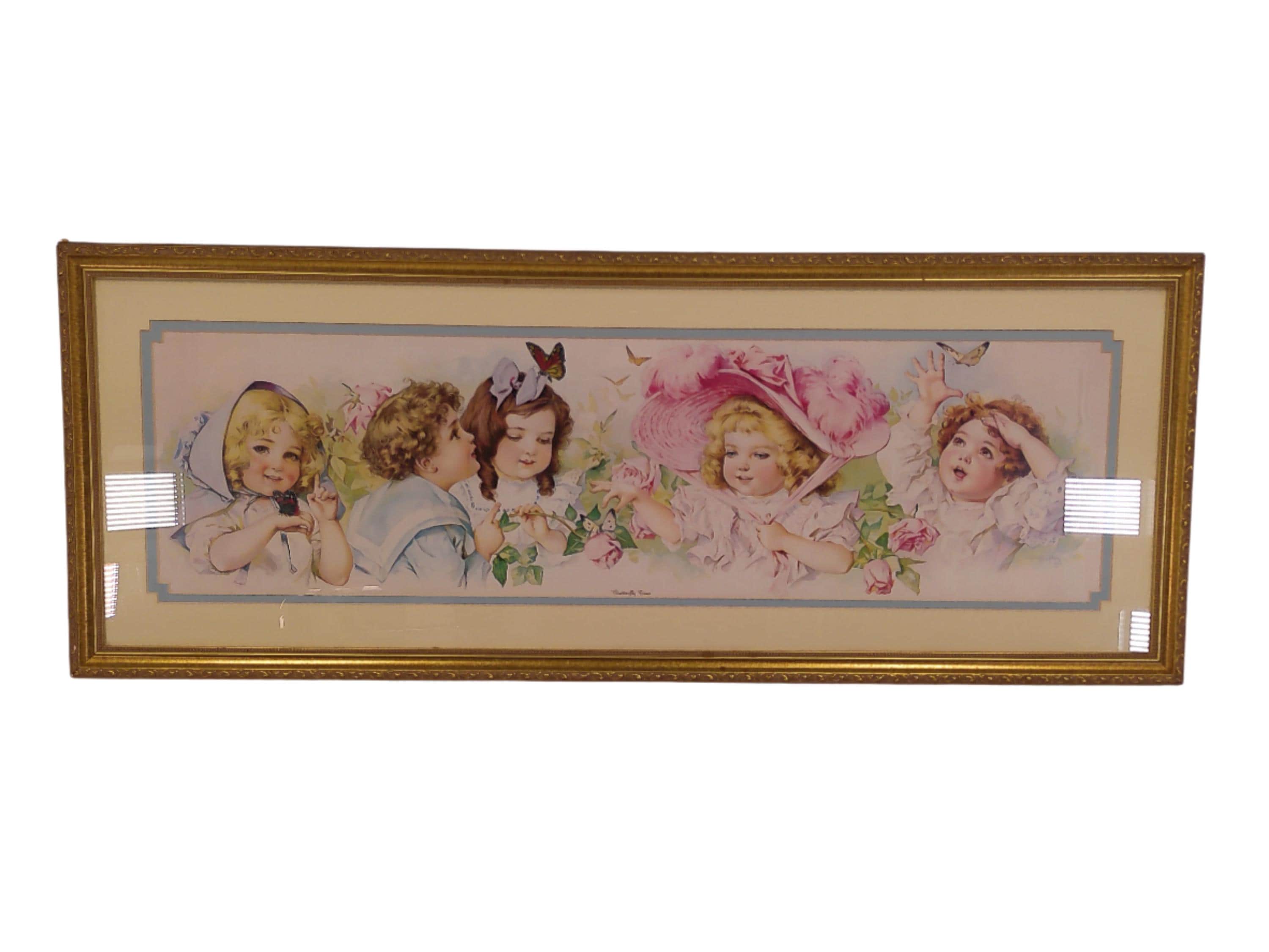 Art Maud Humphrey "Butterfly Time" Chromolithograph: Yard Long Print, Signed by Bogart's Mom, 1903, New Frame & Glass, Victorian Children