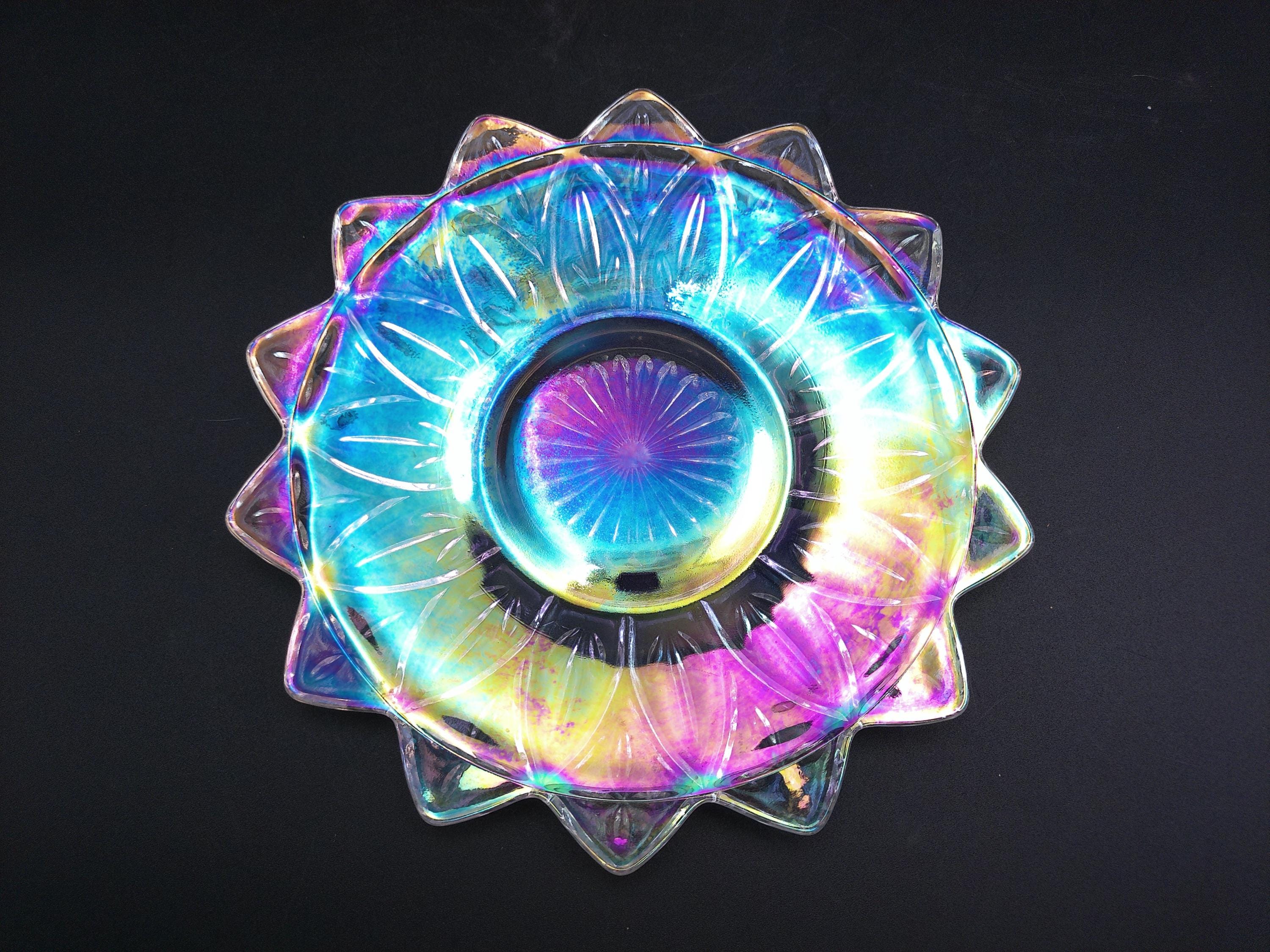虹色のガラス製サービングボウル カーニバルガラス エッチングフラワー