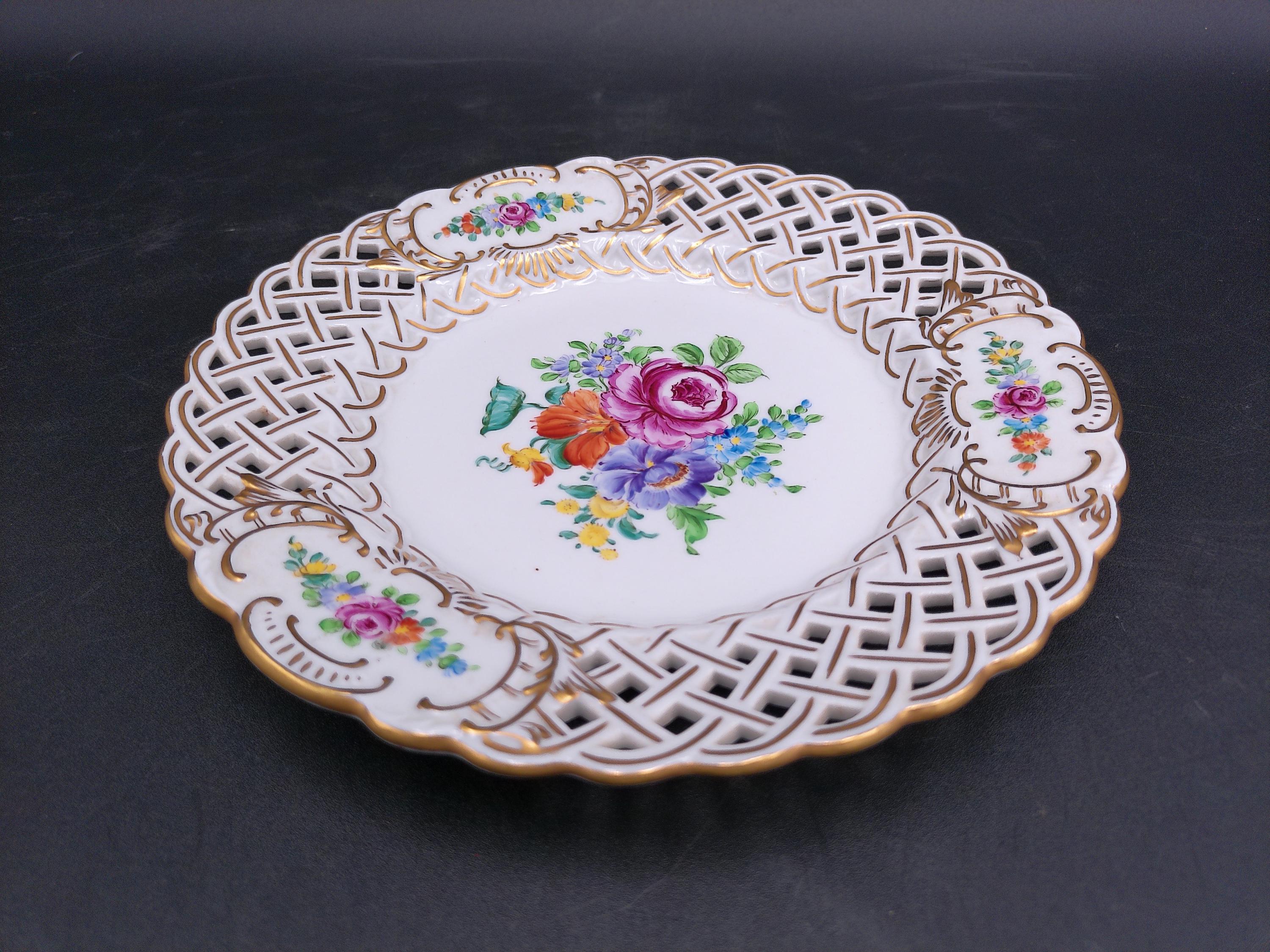 Dresden Porcelain Plate Hand Painted Floral Design Gold Plated