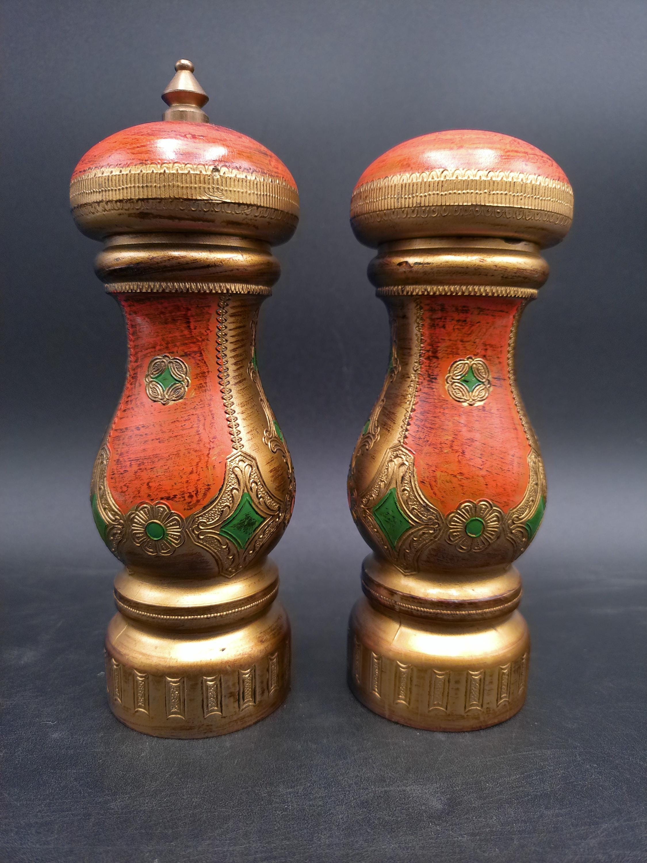 Florentine Wood Gold Red Salt and Pepper Shaker Grinder Italy Vintage