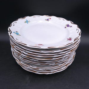Puede incluir: Una pila de platos de cerámica blanca con bordes festoneados y ribete dorado. Cada plato está decorado con pequeños diseños florales en azul, morado y rojo. Los platos están apilados sobre una superficie oscura.