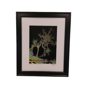 May include: A framed print of a colorful abstract fractal art piece. The artwork is on a black background with green, purple, and yellow colors. The title of the artwork is "Light's Journey to the Other Side".