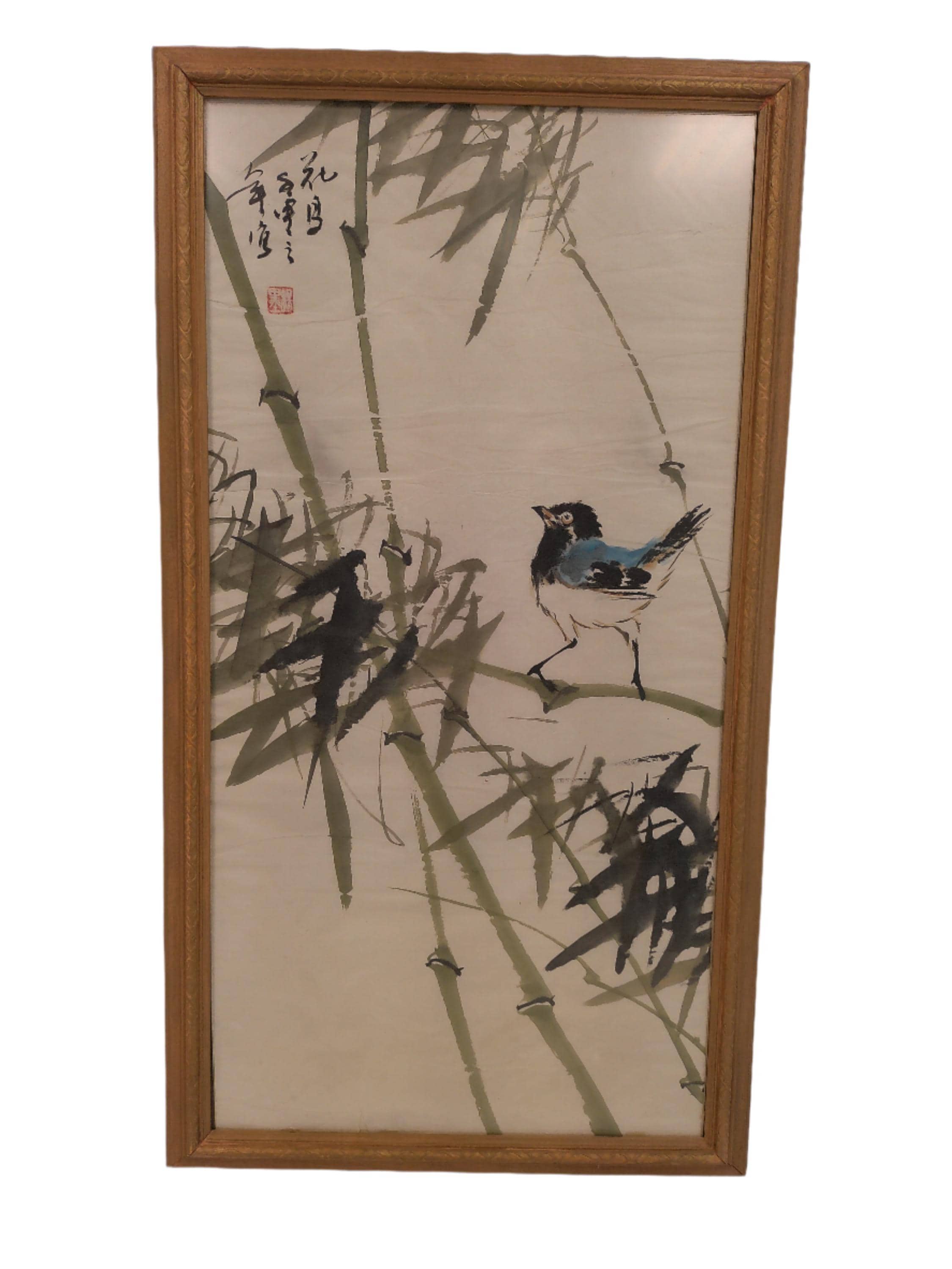 芸術的な鳥と竹のアンティークのオリジナル中国シルク絵画 - Etsy 日本