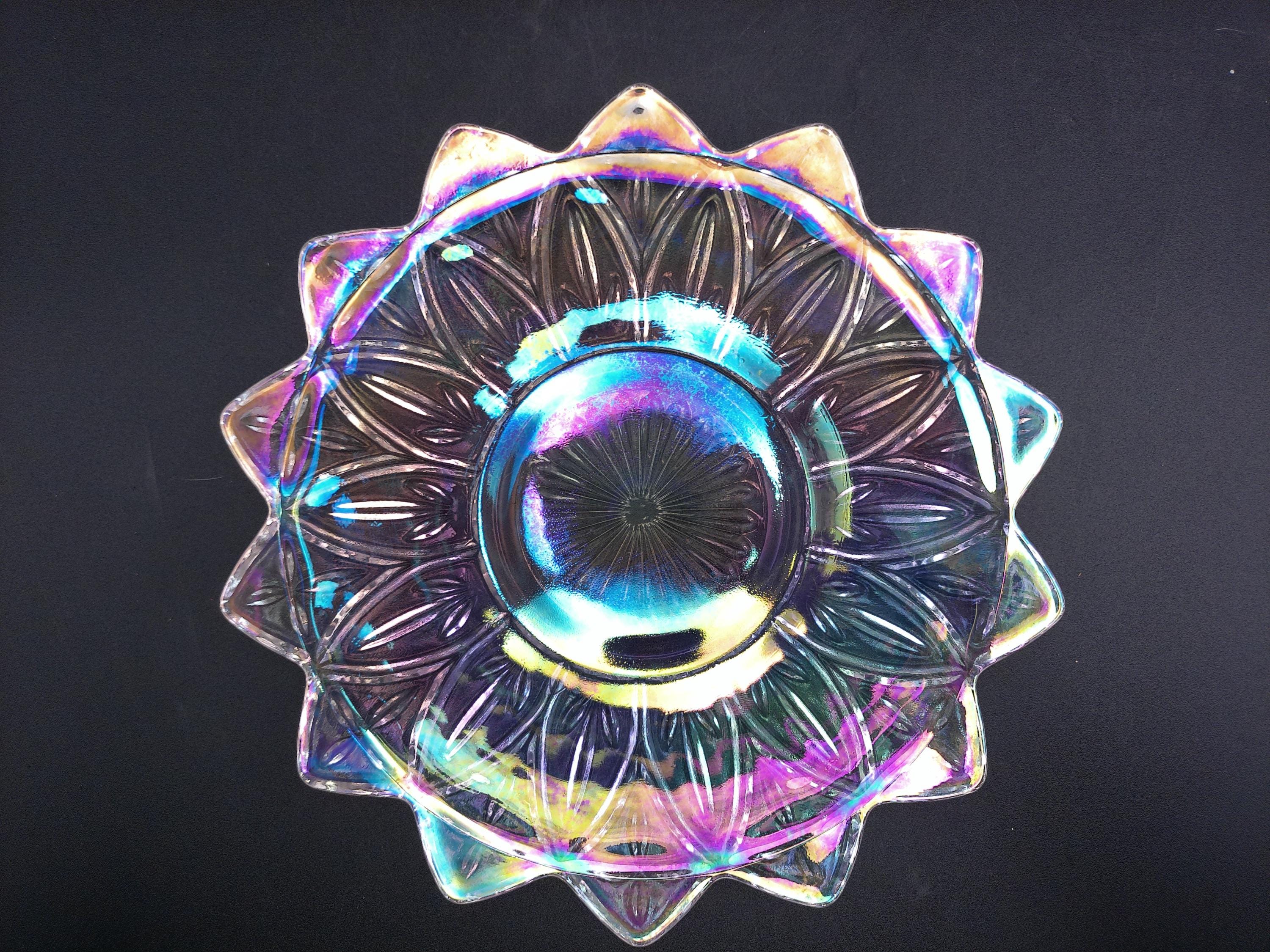 虹色のガラス製サービングボウル カーニバルガラス エッチングフラワー