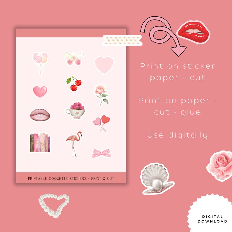 Coquette Stickers, Vintage Sticker Sheet, Printable Stickers, Diary