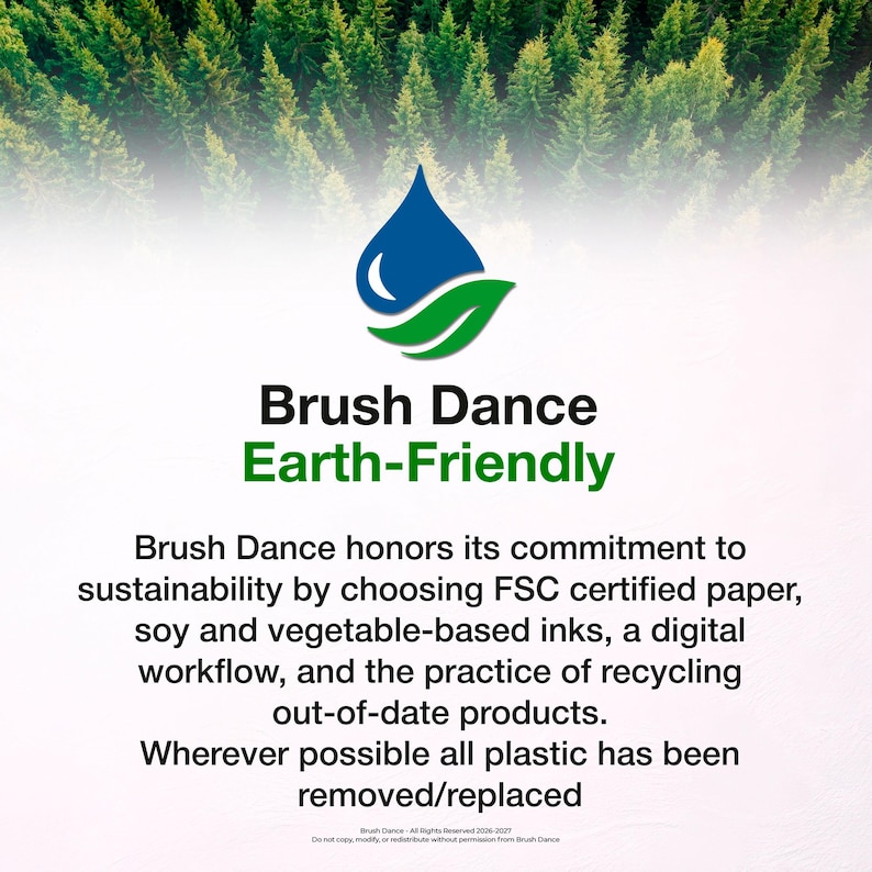 Pode incluir: Um gr&aacute;fico com um log&oacute;tipo de uma gota de &aacute;gua azul e uma folha verde sobre o texto Brush Dance Earth-Friendly. Abaixo, o texto detalha um compromisso com a sustentabilidade, incluindo papel certificado FSC e tintas de base vegetal.