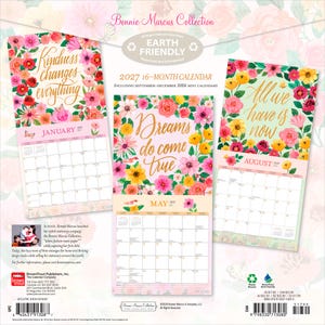 Pu&ograve; includere: Un calendario 2027 di 16 mesi con disegni floreali e citazioni ispiratrici. Include mini calendari per settembre-dicembre 2026. La copertina presenta le frasi "Kindness changes everything", "Dreams do come true" e "All we have is now".