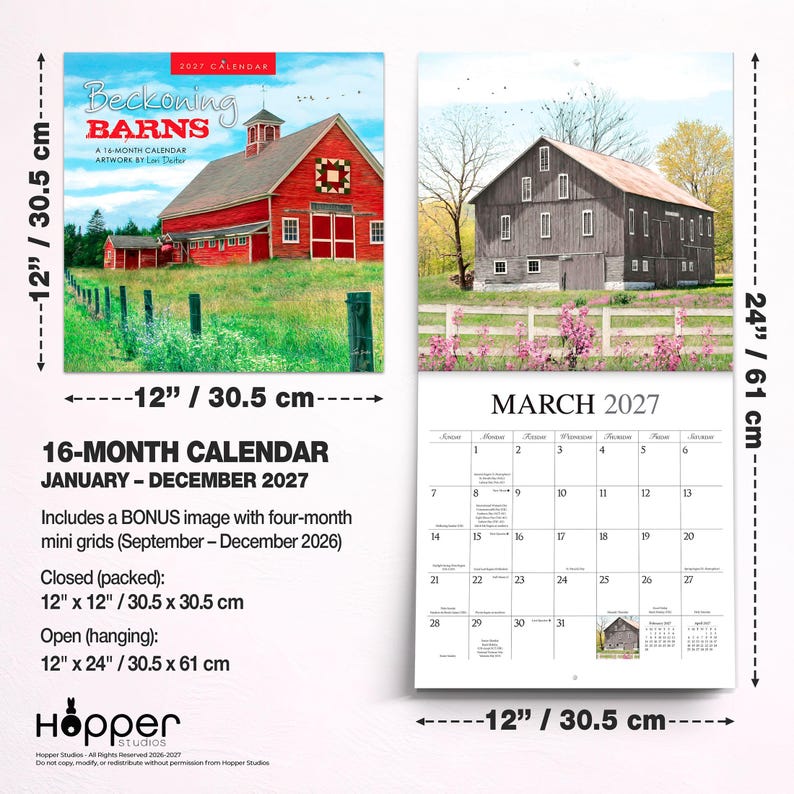 K&ouml;nnte beinhalten: Ein 16-monatiger Wandkalender f&uuml;r 2027 mit dem Titel Beckoning Barns und Kunstwerken von Lori Deiter. Der Kalender misst geschlossen 30,5 cm x 30,5 cm und ge&ouml;ffnet 30,5 cm x 61 cm, mit einem roten Scheunen-Cover und einem Kalenderblatt f&uuml;r M&auml;rz 2027.