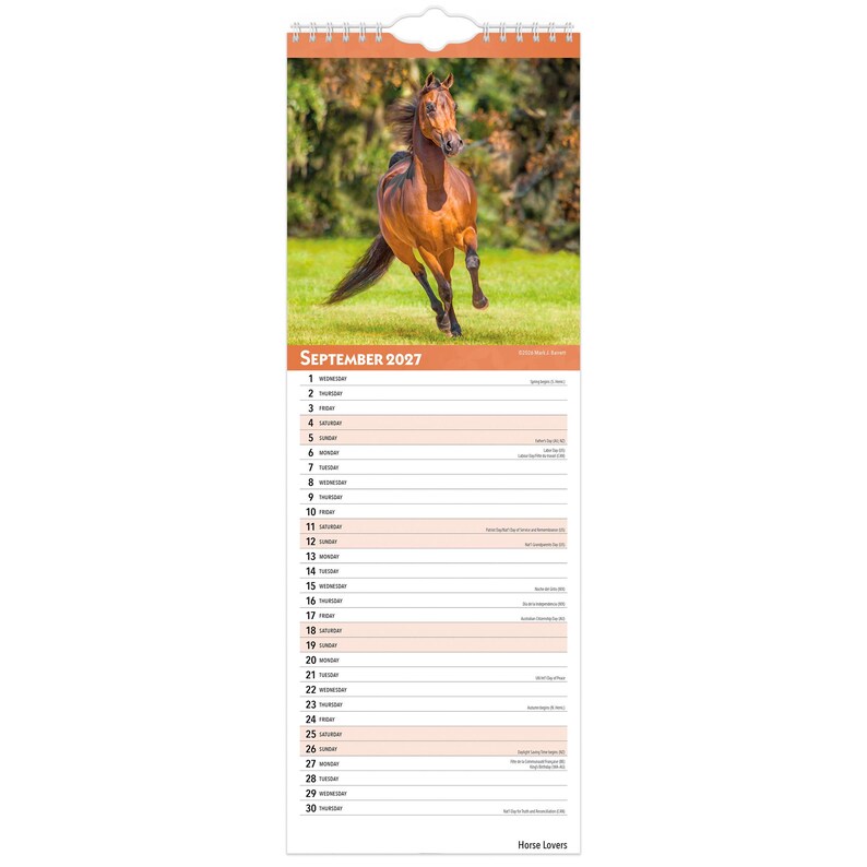 May include: A wall calendar for September 2027 featuring a photograph of a brown horse galloping across a green field. The calendar includes a vertical list of dates from 1 to 30 with days of the week and text for each day, bound by a metal coil.