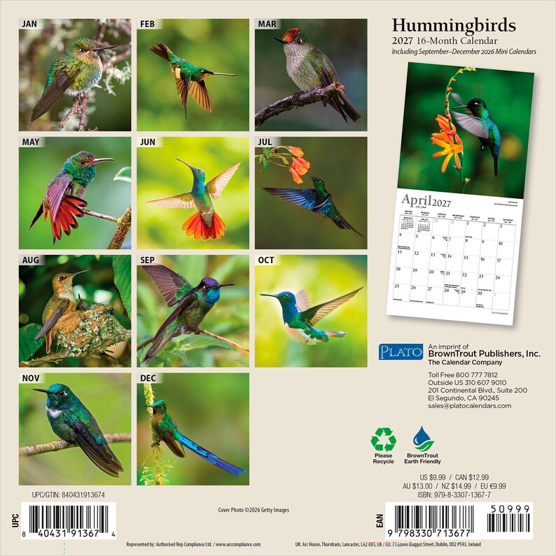 K&ouml;nnte beinhalten: Ein 16-monatiger Wandkalender f&uuml;r 2027 mit dem Titel Hummingbirds, der zw&ouml;lf verschiedene Farbfotos von Kolibris im Flug oder auf &Auml;sten sitzend zeigt. Die R&uuml;ckseite enth&auml;lt ein Kalenderblatt f&uuml;r April 2027, Verlagsinformationen und zwei Barcodes.