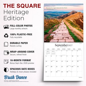 May include: A wall calendar titled The Square Heritage Edition featuring a landscape photograph of a stone path leading up a grassy hill. The calendar displays the month of September 2027 with a grid of dates, moon phases, and holiday markers.