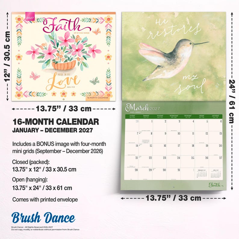 May include: A 16-month wall calendar for 2027 featuring floral artwork and a hummingbird illustration. The closed dimensions are 33 cm by 30.5 cm, and the open dimensions are 33 cm by 61 cm. It includes a calendar grid for the month of March 2027.