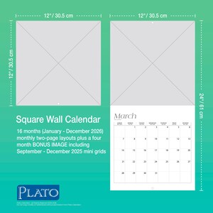 May include: Square wall calendar, 12 inches by 12 inches (30.5 cm x 30.5 cm), with a 24-inch (61 cm) height when open. Features a March calendar page and text indicating 16 months of layouts from January 2026, including bonus images.