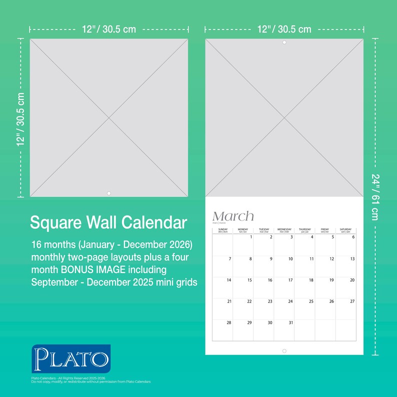 May include: Square wall calendar, 12 inches by 12 inches (30.5 cm x 30.5 cm), with a 24-inch (61 cm) height when open. Features a March calendar page and text indicating 16 months of layouts from January 2026, including bonus images.