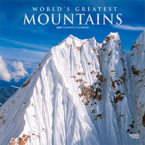 K&ouml;nnte beinhalten: Ein 16-Monats-Kalender f&uuml;r 2027 mit dem Titel World's Greatest Mountains. Das Deckblatt zeigt eine Ansicht eines massiven, schneebedeckten Berggipfels mit tiefen Graten und Felsvorspr&uuml;ngen vor einem hellblauen Himmel mit wei&szlig;en Wolken.