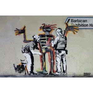 May include: Street art mural featuring a skeletal figure with a red and yellow torso, flanked by two figures in police uniforms. A small black dog is in the foreground. The artwork is signed "Banksy's Graffiti" and includes a sign for the "Barbican Exhibition Hall."