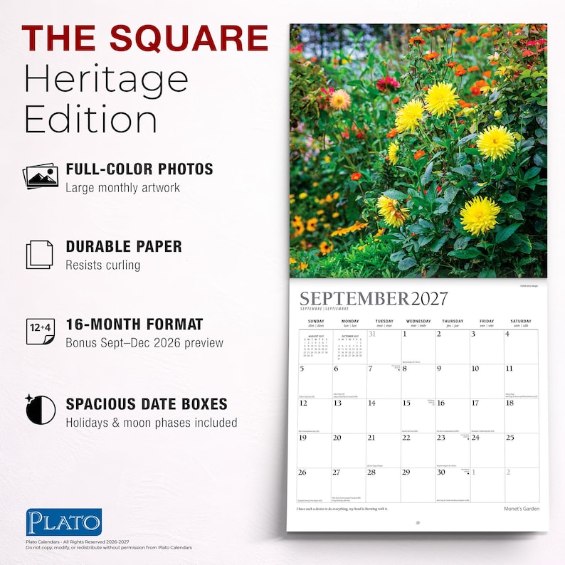 Puede incluir: Un calendario de pared de 16 meses titulado THE SQUARE Heritage Edition, con fotos a todo color de un jard&iacute;n con flores amarillas. La p&aacute;gina de septiembre de 2027 muestra una cuadr&iacute;cula con casillas espaciosas, festivos y fases lunares.