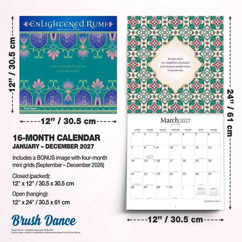Op de afbeelding: Een 16-maanden wandkalender voor 2027 getiteld Enlightened Rumi, met turquoise en gedessineerde covers met citaten. Gesloten afmetingen 30,5 cm bij 30,5 cm, open afmetingen 30,5 cm bij 61 cm, inclusief een rasterpagina voor maart 2027.
