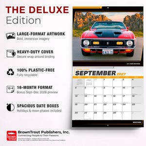 May include: A 16-month wall calendar featuring a 1971 Ford Mustang on the cover and a September 2027 grid. The text includes THE DELUXE Edition, LARGE-FORMAT ARTWORK, HEAVY-DUTY COVER, 100% PLASTIC-FREE, 16-MONTH FORMAT, and SPACIOUS DATE BOXES.