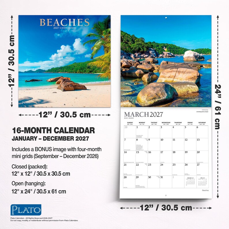 May include: A 16-month wall calendar for 2027 titled Beaches, featuring tropical coastal photography. It measures 30.5 cm by 30.5 cm closed and 30.5 cm by 61 cm open. The calendar includes a bonus section for September to December 2026.