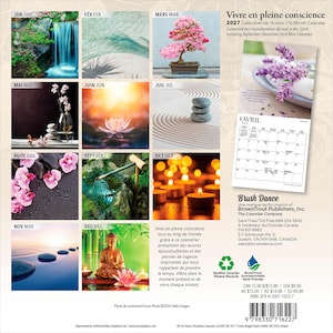 Peut inclure: Un calendrier mural de 16 mois pour 2027 intitul&eacute; Vivre en pleine conscience, pr&eacute;sentant des photographies mensuelles sur le th&egrave;me de la nature, dont des cascades, des bonsa&iuml;s, des fleurs de lotus et des pierres zen, avec une grille d'avril.