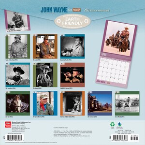 May include: A 2027 John Wayne movie calendar featuring images from his films. The calendar includes a photo of John Wayne on horseback, and other images from his movies. The calendar is earth friendly.
