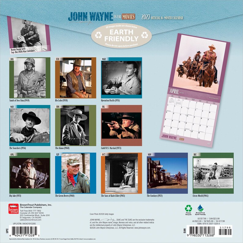 May include: A 2027 John Wayne movie calendar featuring images from his films. The calendar includes a photo of John Wayne on horseback, and other images from his movies. The calendar is earth friendly.