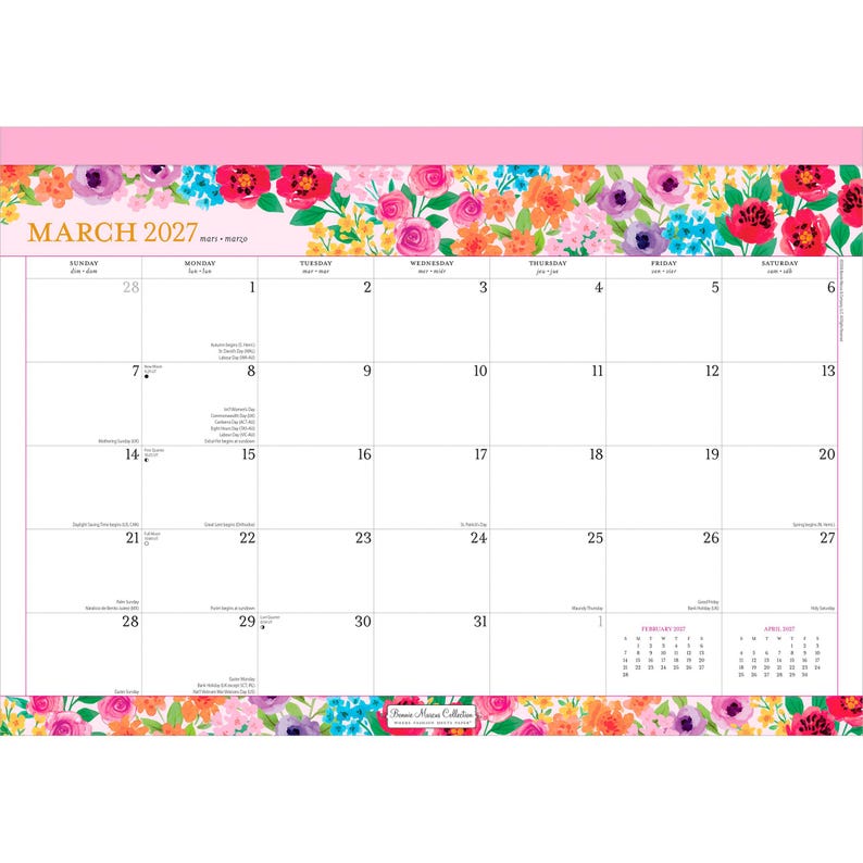 May include: A March 2027 wall calendar featuring a floral border with pink, orange, purple, and blue flowers at the top and bottom. The grid displays days of the month with small text for holidays and a February and April 2027 calendar at the bottom.
