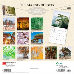 May include: The Majesty of Trees 2027 16-month calendar features a collection of nature photography showcasing various tree species across the globe. The back cover displays twelve monthly thumbnails, a larger April page, and barcode information.