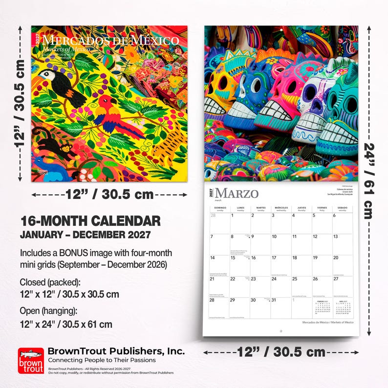 Puede incluir: Un calendario de pared de 16 meses para 2027 titulado Mercados de M&eacute;xico, con ilustraciones vibrantes de aves y animales tropicales, y m&aacute;scaras de calaveras coloridas. Mide 30,5 cm por 30,5 cm cerrado y 30,5 cm por 61 cm colgado abierto.