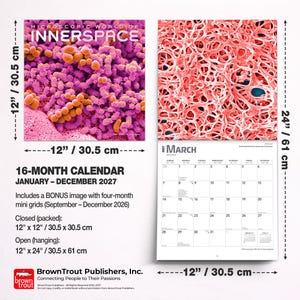 May include: A 16-month wall calendar titled Microscopic World of InnerSpace for 2027. It measures 12 inches by 12 inches closed and 12 inches by 24 inches open. The cover features purple and orange cellular structures, while the interior shows March.