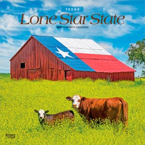 May include: A 2027 16-month calendar titled Texas Lone Star State featuring a red barn with a roof painted like the Texas flag, situated in a bright yellow wildflower field with a brown and white cow and a calf standing in the foreground.