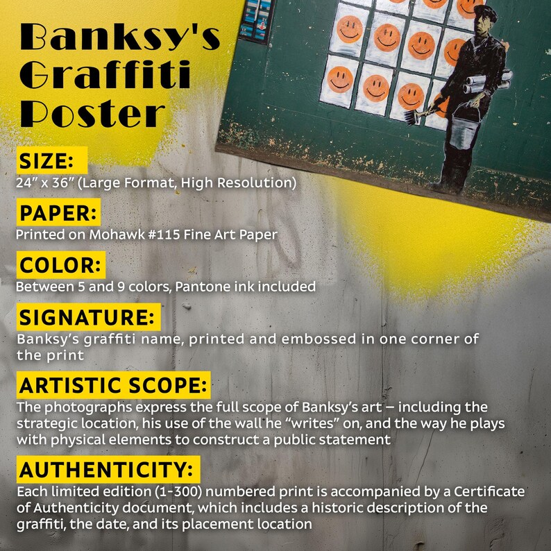 May include: A Banksy graffiti poster with the text "Banksy's Graffiti Poster". The poster is 24" x 36" and printed on Mohawk #115 Fine Art Paper. It includes between 5 and 9 colors, Pantone ink, and Banksy's signature.