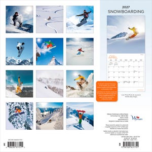 Puede incluir: Un calendario de pared 2027 Snowboarding con doce im&aacute;genes mensuales de snowboarders en monta&ntilde;as nevadas. La contraportada muestra una cuadr&iacute;cula de estas fotos de acci&oacute;n, una p&aacute;gina de calendario de muestra para abril y un c&oacute;digo de barras.