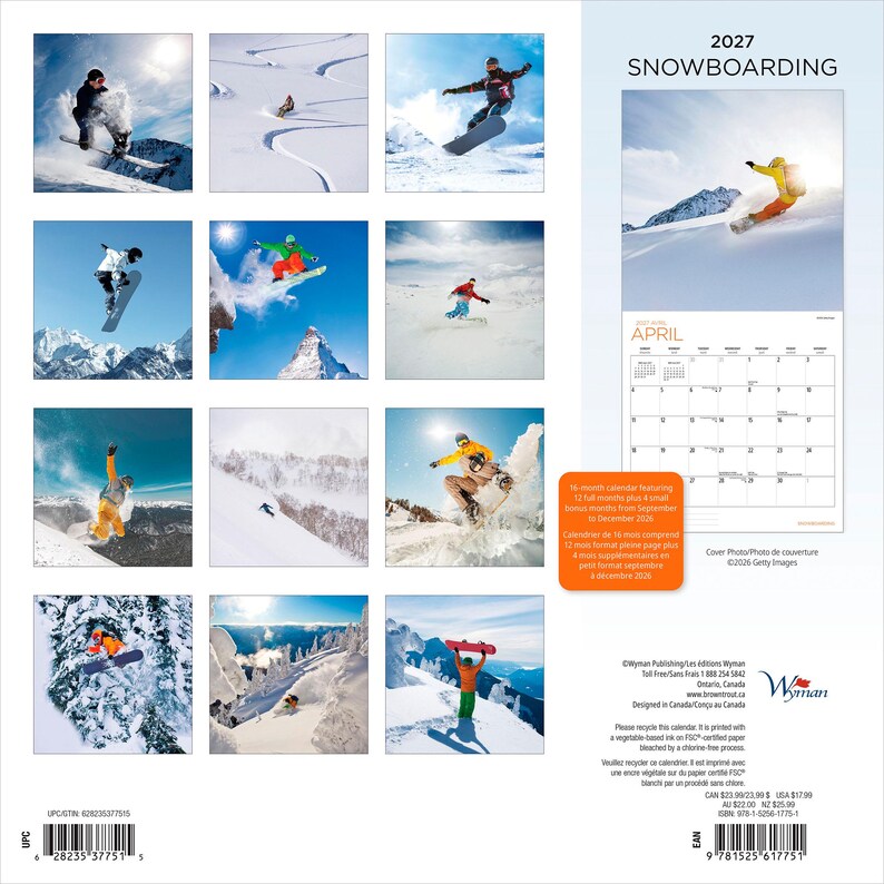 Puede incluir: Un calendario de pared 2027 Snowboarding con doce im&aacute;genes mensuales de snowboarders en monta&ntilde;as nevadas. La contraportada muestra una cuadr&iacute;cula de estas fotos de acci&oacute;n, una p&aacute;gina de calendario de muestra para abril y un c&oacute;digo de barras.