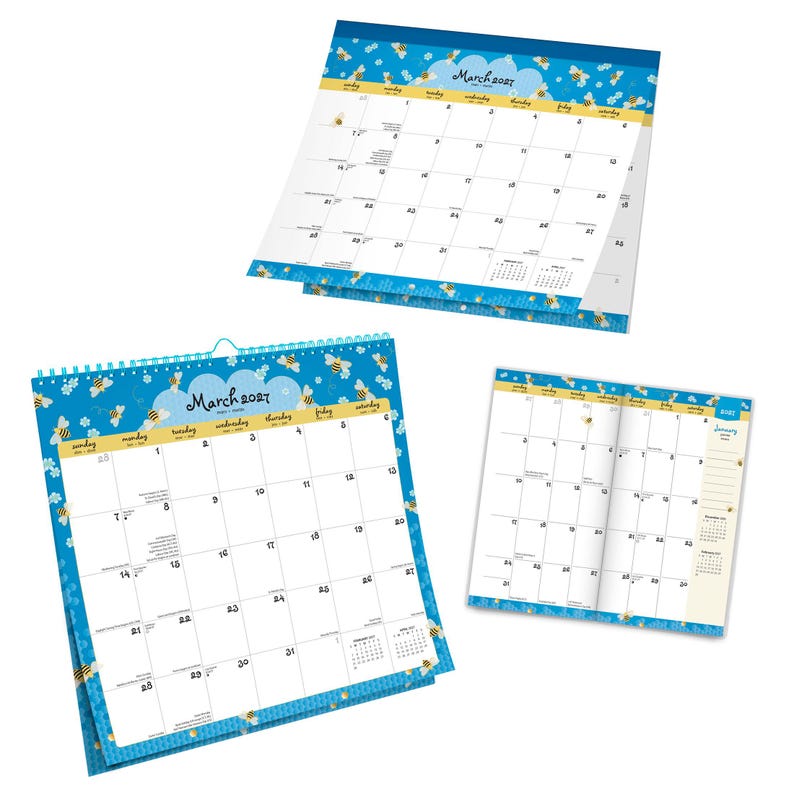 May include: A 2027 wall calendar and planner set featuring a blue background with yellow and black bee illustrations. The calendar pages display the month of March 2027 with a grid layout, while the planner shows January with a side notes section.