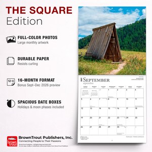 May include: A 2027 wall calendar titled THE SQUARE Edition featuring a full-color photograph of a wooden A-frame structure in a grassy field. The calendar includes a 16-month format, durable paper, and spacious date boxes for September 2027.