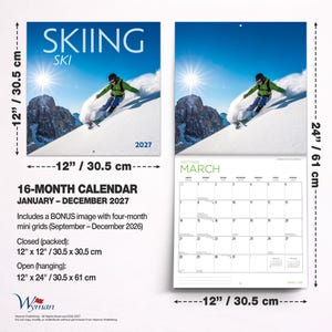 Op de afbeelding: Een 16-maanden wandkalender voor 2027 met een ski&euml;r op de omslag en een raster voor maart 2027. De kalender meet 30,5 cm bij 30,5 cm wanneer gesloten en 30,5 cm bij 61 cm wanneer geopend, met een besneeuwd berglandschap en de tekst SKIING.