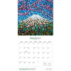 K&ouml;nnte beinhalten: Ein Wandkalender f&uuml;r M&auml;rz 2027 mit einem impressionistischen Gem&auml;lde des schneebedeckten Mount Fuji, umgeben von leuchtend rosa Kirschbl&uuml;ten vor einem blauen Himmel. Das Kalenderblatt zeigt die Daten vom 1. bis zum 31. M&auml;rz in einem Raster.
