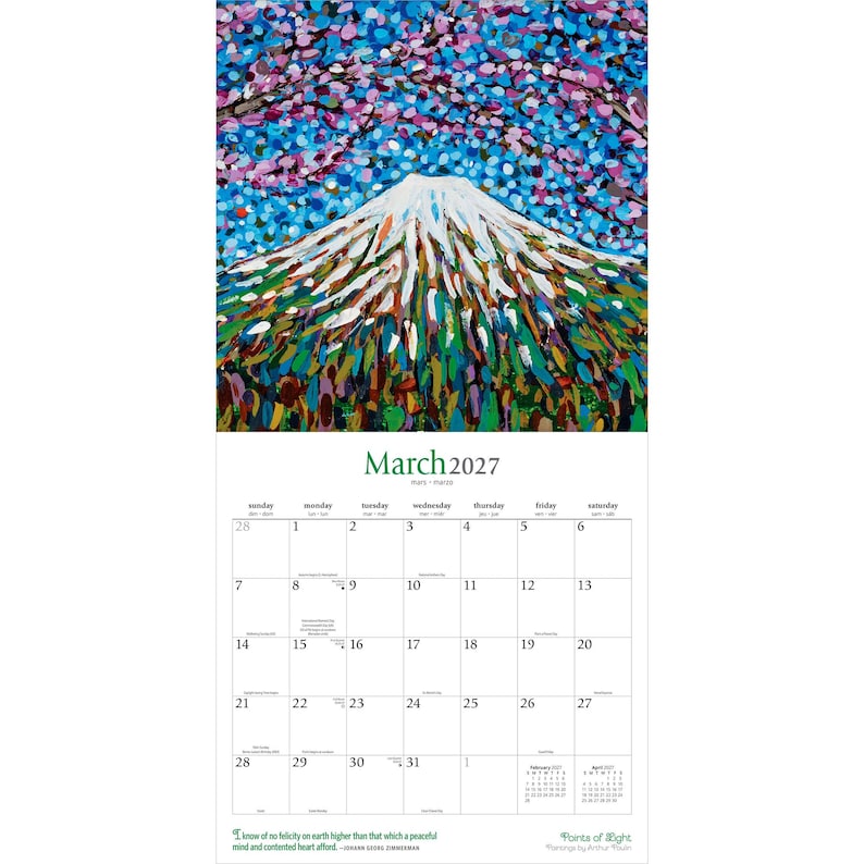 K&ouml;nnte beinhalten: Ein Wandkalender f&uuml;r M&auml;rz 2027 mit einem impressionistischen Gem&auml;lde des schneebedeckten Mount Fuji, umgeben von leuchtend rosa Kirschbl&uuml;ten vor einem blauen Himmel. Das Kalenderblatt zeigt die Daten vom 1. bis zum 31. M&auml;rz in einem Raster.