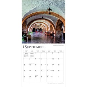 May include: A 2027 wall calendar page for September featuring a photograph of a long corridor with brick arches and hanging lanterns. The calendar grid displays the days of the month with the text Septiembre and Hacienda Vista Hermosa, Tequesquitengo, Mexico.