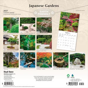 May include: A 2027 16-month wall calendar titled Japanese Gardens, featuring twelve monthly grid pages with photographs of traditional gardens, koi ponds, and stone structures, plus mini calendars for September through December 2026.