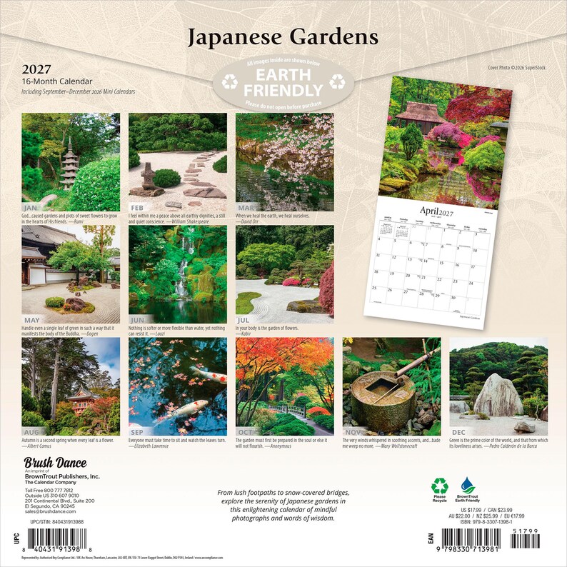 May include: A 2027 16-month wall calendar titled Japanese Gardens, featuring twelve monthly grid pages with photographs of traditional gardens, koi ponds, and stone structures, plus mini calendars for September through December 2026.