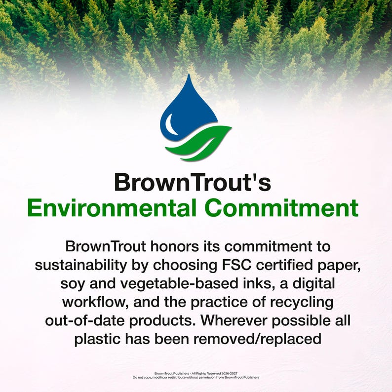 Pu&ograve; includere: Immagine con sfondo di foresta e il testo "BrownTrout's Environmental Commitment". Il testo descrive l'impegno dell'azienda per la sostenibilit&agrave;, utilizzando carta certificata FSC e inchiostri a base vegetale.