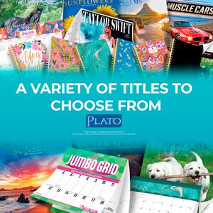 K&ouml;nnte beinhalten: Eine Sammlung farbenfroher Kalender mit verschiedenen Themen, darunter Pferde, Sonnenblumen, Taylor Swift und Muscle Cars. Das Bild zeigt den Text "A Variety of Titles to Choose From" und das Plato-Logo.