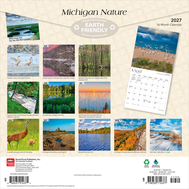 May include: A 2027 16-month Michigan Nature wall calendar featuring twelve distinct landscape and wildlife photographs. The cover displays a grid of monthly images including trumpeter swans, forests, rivers, and dunes, with a full April page view.