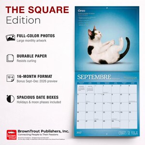 Pu&ograve; includere: Un calendario da parete di 16 mesi intitolato The Square Edition con un gatto bianco e nero in una posa yoga per settembre 2027. Il calendario include foto a colori, carta resistente e ampi riquadri per le date con fasi lunari incluse.